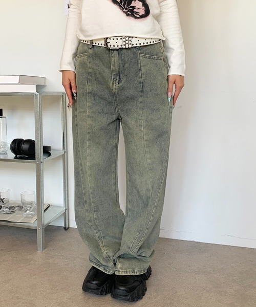 lilful(リルフル)の「ヴィンテージ加工 ブラスト バレルレッグ デニムワイドパンツ(デニムパンツ・レディース・ブルー・S/L/M)」の17枚目の写真