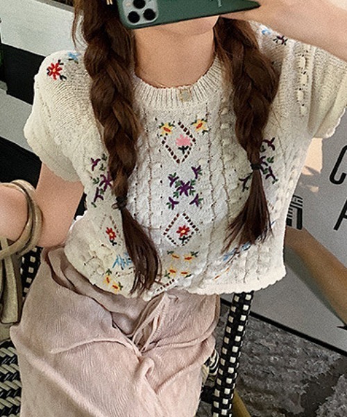 UNITED ARROWS フラワー刺繍 半袖ニット ユナイテッドアローズ 半袖ニット トップス 花柄 レース