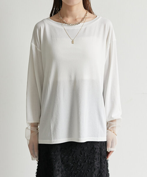 Thevon(ゼボン)の「袖先シアーボートネックプルオーバー(Tシャツ/カットソー・レディース・グレー/オフホワイト/ブラック/ベージュ/グリーン系その他・FREE)」の14枚目の写真