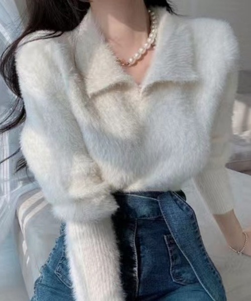 deux amour（ドゥーザムール）の「えり付きシャギーニット長袖プルオーバー（ニット/セーター・レディース・ベージュ/パープル/グリーン/ホワイト・FREE）」の2枚目の写真