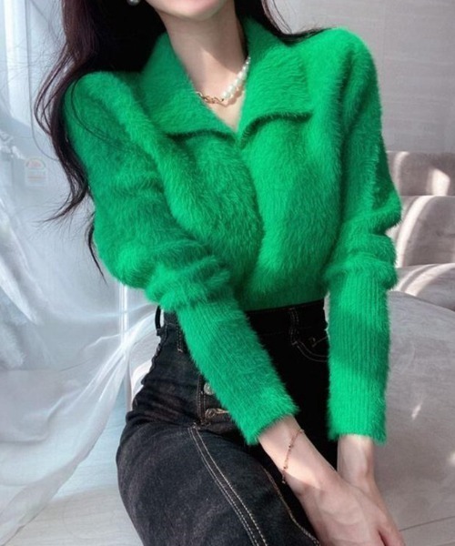 deux amour（ドゥーザムール）の「えり付きシャギーニット長袖プルオーバー（ニット/セーター・レディース・ベージュ/パープル/グリーン/ホワイト・FREE）」の3枚目の写真