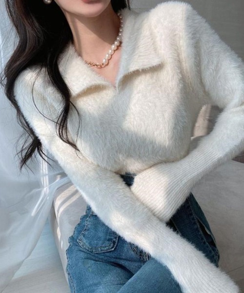 deux amour（ドゥーザムール）の「えり付きシャギーニット長袖プルオーバー（ニット/セーター・レディース・ベージュ/パープル/グリーン/ホワイト・FREE）」の5枚目の写真