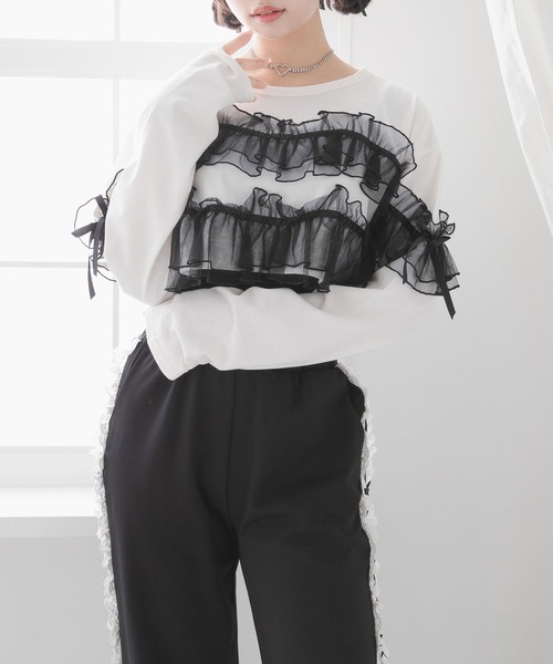 DearMyLoveRose(ディアマイラブローズ)の「チュールフリルリボンクロップドロンT(Tシャツ/カットソー・レディース・グレー/ブラック/ホワイト×ピンク/ホワイト×ブラック・LL~3L/M-L)」の2枚目の写真