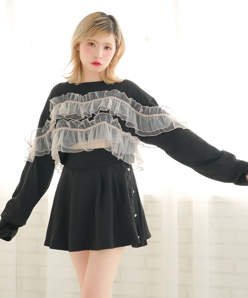 DearMyLoveRose(ディアマイラブローズ)の「チュールフリルリボンクロップドロンT(Tシャツ/カットソー・レディース・グレー/ブラック/ホワイト×ピンク/ホワイト×ブラック・LL~3L/M-L)」の4枚目の写真