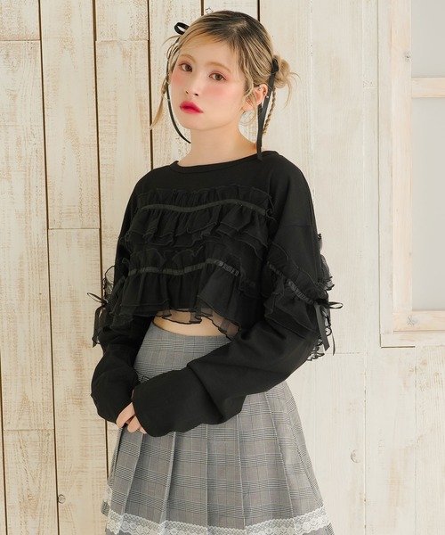 DearMyLoveRose(ディアマイラブローズ)の「チュールフリルリボンクロップドロンT(Tシャツ/カットソー・レディース・グレー/ブラック/ホワイト×ピンク/ホワイト×ブラック・LL~3L/M-L)」の1枚目の写真