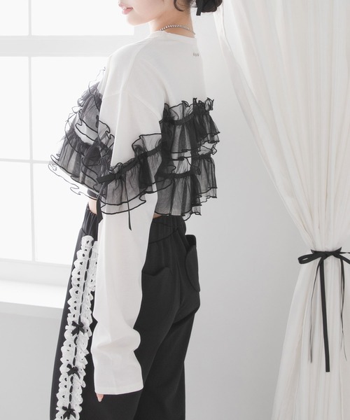 DearMyLoveRose(ディアマイラブローズ)の「チュールフリルリボンクロップドロンT(Tシャツ/カットソー・レディース・グレー/ブラック/ホワイト×ピンク/ホワイト×ブラック・LL~3L/M-L)」の7枚目の写真