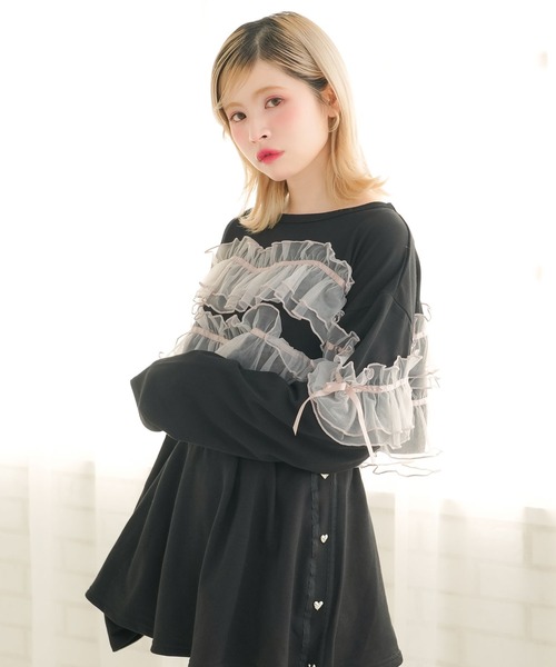 DearMyLoveRose(ディアマイラブローズ)の「チュールフリルリボンクロップドロンT(Tシャツ/カットソー・レディース・グレー/ブラック/ホワイト×ピンク/ホワイト×ブラック・LL~3L/M-L)」の13枚目の写真