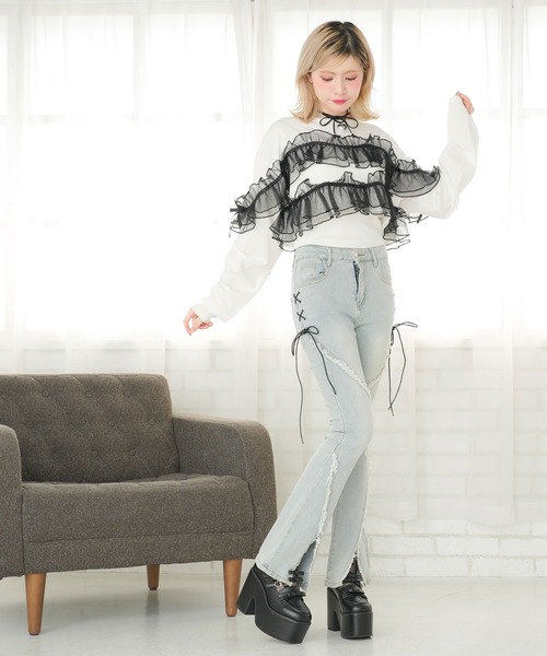 DearMyLoveRose(ディアマイラブローズ)の「チュールフリルリボンクロップドロンT(Tシャツ/カットソー・レディース・グレー/ブラック/ホワイト×ピンク/ホワイト×ブラック・LL~3L/M-L)」の21枚目の写真