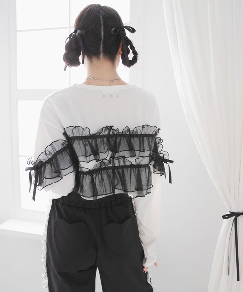 DearMyLoveRose(ディアマイラブローズ)の「チュールフリルリボンクロップドロンT(Tシャツ/カットソー・レディース・グレー/ブラック/ホワイト×ピンク/ホワイト×ブラック・LL~3L/M-L)」の5枚目の写真