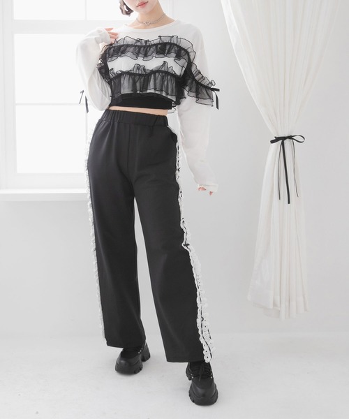 DearMyLoveRose(ディアマイラブローズ)の「チュールフリルリボンクロップドロンT(Tシャツ/カットソー・レディース・グレー/ブラック/ホワイト×ピンク/ホワイト×ブラック・LL~3L/M-L)」の6枚目の写真