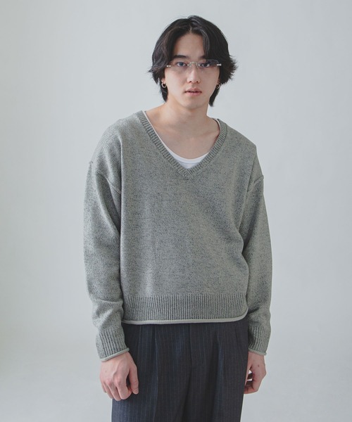 セール】【White Line】 杢 Vネック ニット / 短丈 ニット（ニット