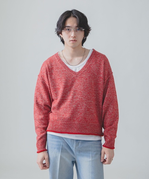セール】【White Line】 杢 Vネック ニット / 短丈 ニット（ニット