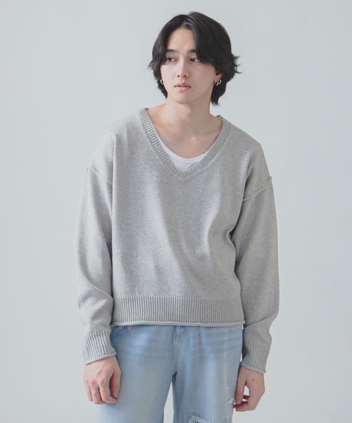 セール】【White Line】 杢 Vネック ニット / 短丈 ニット（ニット