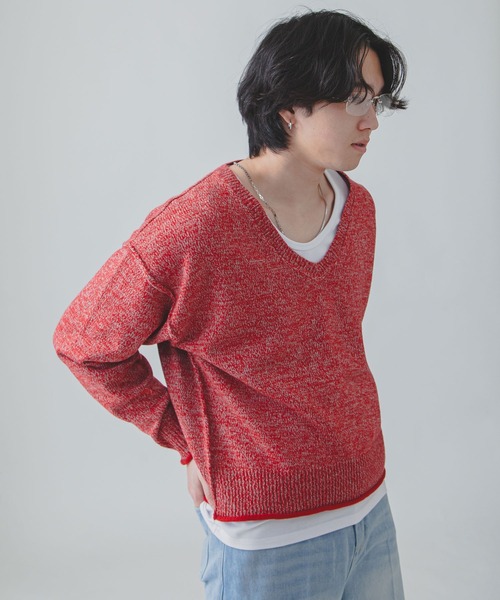 ZIP FIVE -White Line-(ジップファイブホワイトライン)の「【White Line】 杢 Vネック ニット / 短丈 ニット(ニット/セーター・メンズ・ブラック/オフホワイト/グレー/レッド/グリーン・SMALL/MEDIUM/LARGE/X-LARGE)」の22枚目の写真