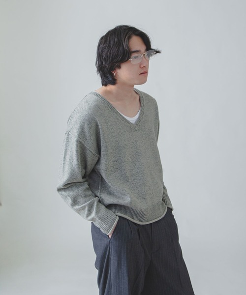セール】【White Line】 杢 Vネック ニット / 短丈 ニット（ニット