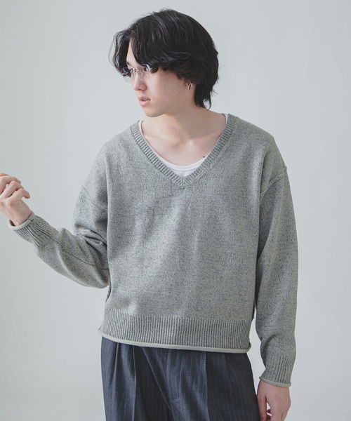 セール】【White Line】 杢 Vネック ニット / 短丈 ニット（ニット