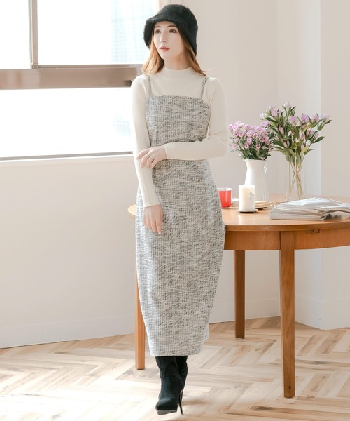 Julia Boutique（ジュリアブティック）の「ツイードキャミワンピース（ワンピース・レディース・ブラック/ベージュ・ONE）」の3枚目の写真