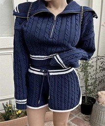 配色ライン ショートパンツ ジップニットセットアップ