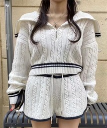 配色ライン ショートパンツ ジップニットセットアップ