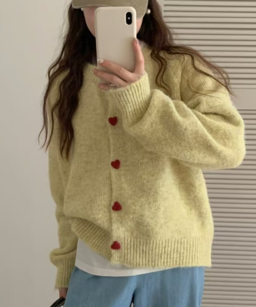 ヌカスケ君　 セール】ハートボタンクルーネックニットカーデ（カーディガン