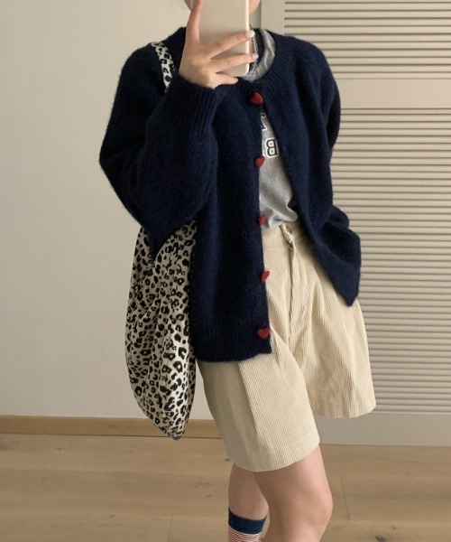 セール】ハートボタンクルーネックニットカーデ（カーディガン