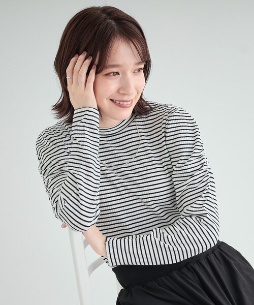 DRESKIP（ドレスキップ）の「◆きれいめにもモードにも　テレコパワショルトップス（Tシャツ/カットソー・レディース・イエロー/オフホワイト/ホワイト系5/ブラック・02/03/04）」の3枚目の写真