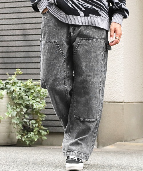 LUXSTYLE(ラグスタイル)の「オーバーダイダブルニーワイドデニムパンツ(デニムパンツ・メンズ・ブラック/ブルー/ブラック系その他・M/L)」の2枚目の写真
