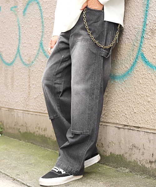 LUXSTYLE(ラグスタイル)の「オーバーダイダブルニーワイドデニムパンツ(デニムパンツ・メンズ・ブラック/ブルー/ブラック系その他・M/L)」の1枚目の写真