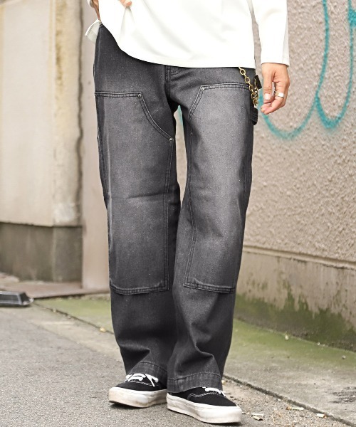 LUXSTYLE(ラグスタイル)の「オーバーダイダブルニーワイドデニムパンツ(デニムパンツ・メンズ・ブラック/ブルー/ブラック系その他・M/L)」の4枚目の写真