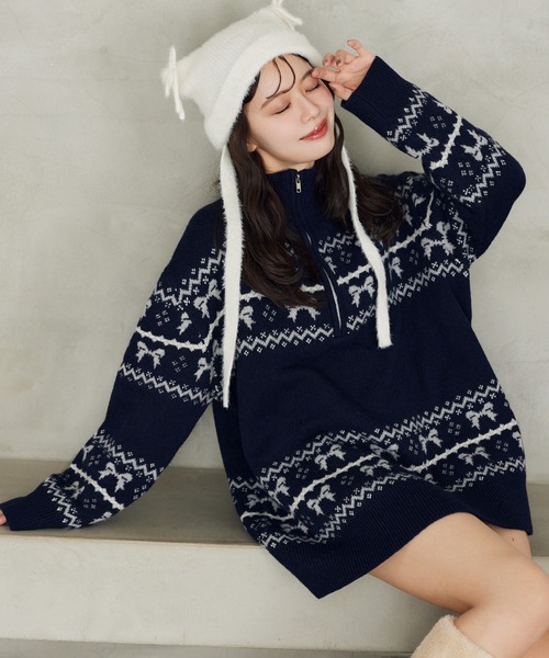 one after another NICE CLAUP(ワンアフターアナザーナイスクラップ)の「リボンジャガードニットチュニック(チュニック・レディース・アイボリー/ネイビー/レッド・FREE)」の1枚目の写真