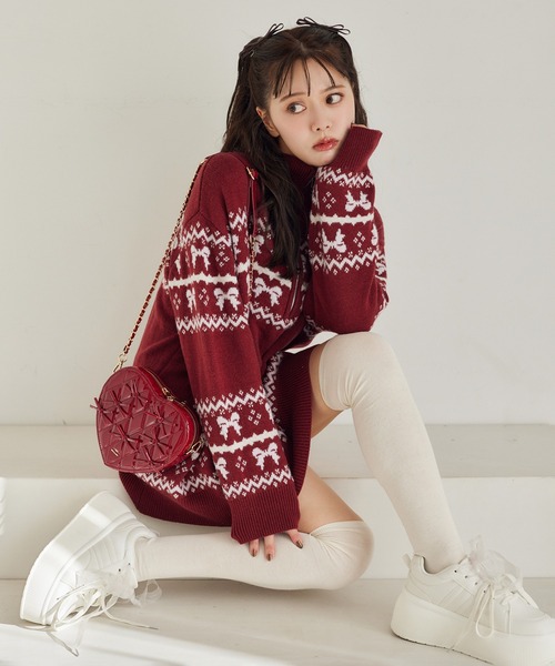 one after another NICE CLAUP(ワンアフターアナザーナイスクラップ)の「リボンジャガードニットチュニック(チュニック・レディース・アイボリー/ネイビー/レッド・FREE)」の3枚目の写真