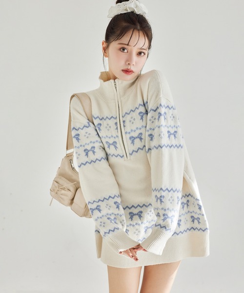 one after another NICE CLAUP(ワンアフターアナザーナイスクラップ)の「リボンジャガードニットチュニック(チュニック・レディース・アイボリー/ネイビー/レッド・FREE)」の2枚目の写真