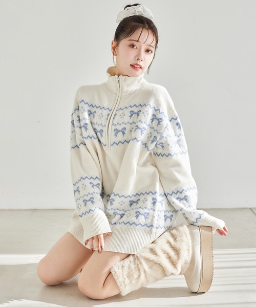 one after another NICE CLAUP(ワンアフターアナザーナイスクラップ)の「リボンジャガードニットチュニック(チュニック・レディース・アイボリー/ネイビー/レッド・FREE)」の13枚目の写真