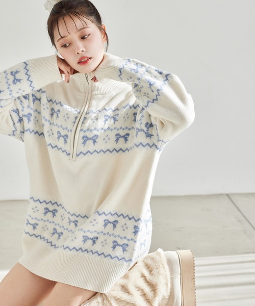 one after another NICE CLAUP(ワンアフターアナザーナイスクラップ)の「リボンジャガードニットチュニック(チュニック・レディース・アイボリー/ネイビー/レッド・FREE)」の14枚目の写真