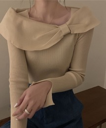 オフショルダーリボンニットトップス