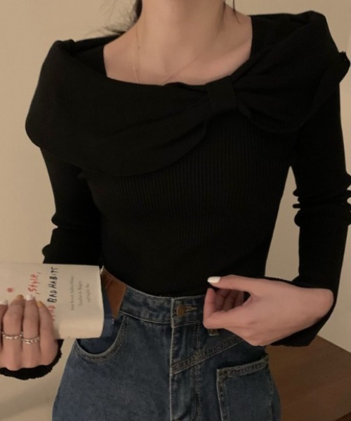 オフショルダーリボンニットトップス（ニット/セーター）｜deux amour