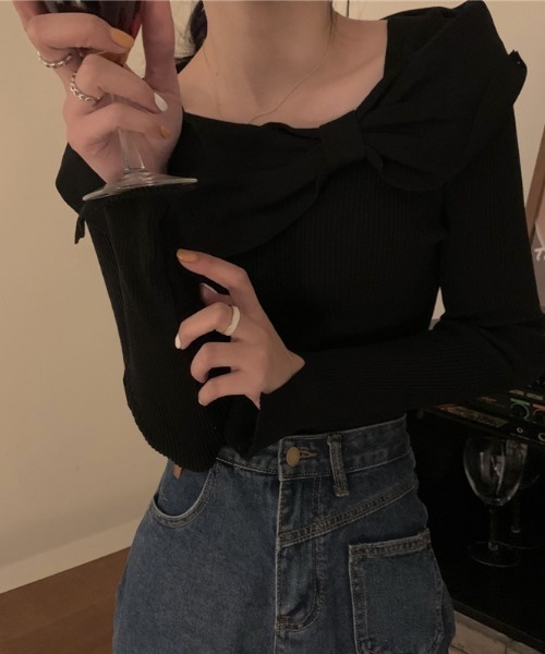 オフショルダーリボンニットトップス（ニット/セーター）｜deux amour