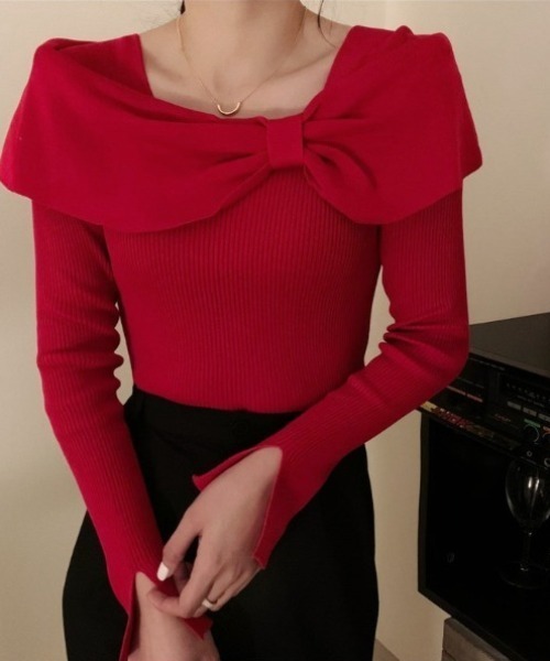 オフショルダーリボンニットトップス（ニット/セーター）｜deux amour