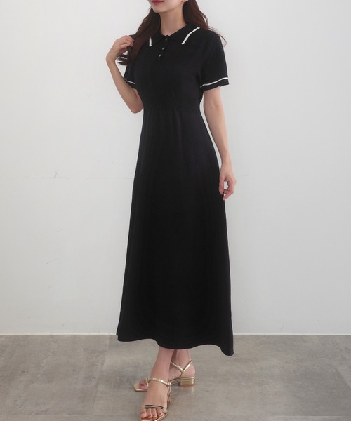 CENEA(セネア)の「薄手配色ラインポロニットワンピース【ペチスカートSET】(ワンピース・レディース・チャコール/ネイビー/ブラック・MEDIUM/LARGE)」の5枚目の写真