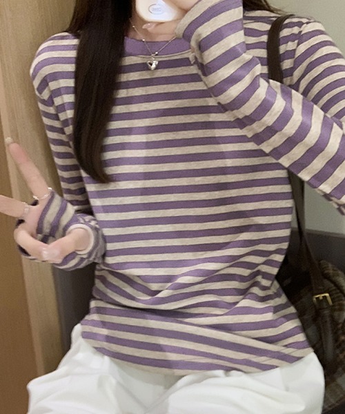 2ly2(トゥーリートゥー)の「万能アイテム!快適なボーダーロングTシャツ(Tシャツ/カットソー・レディース・ブラック/パープル/グリーン・FREE)」の14枚目の写真