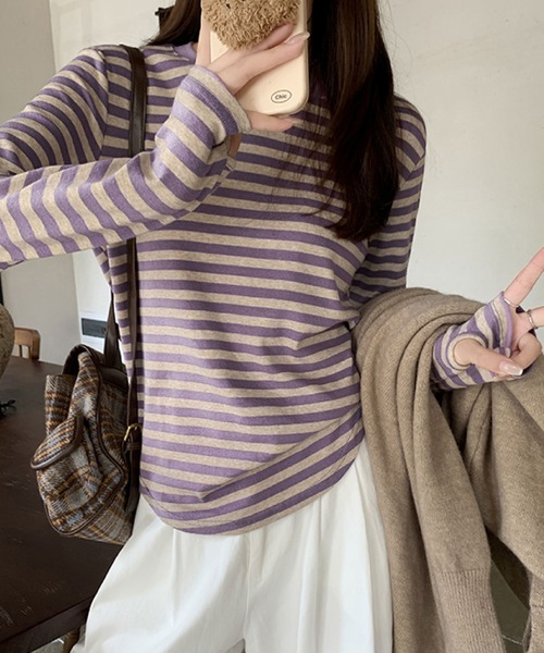 2ly2(トゥーリートゥー)の「万能アイテム!快適なボーダーロングTシャツ(Tシャツ/カットソー・レディース・ブラック/パープル/グリーン・FREE)」の13枚目の写真