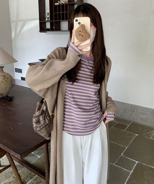 2ly2(トゥーリートゥー)の「万能アイテム!快適なボーダーロングTシャツ(Tシャツ/カットソー・レディース・ブラック/パープル/グリーン・FREE)」の11枚目の写真