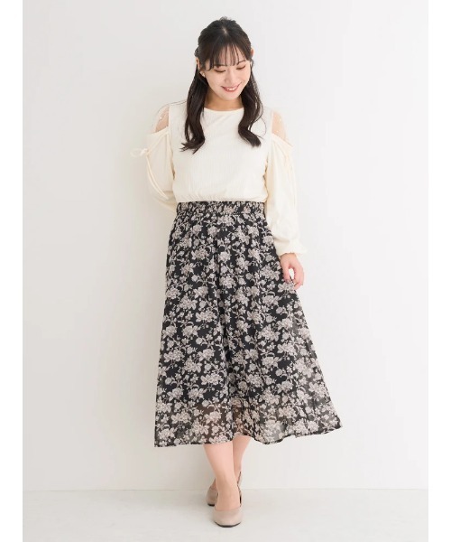 【大きいサイズ】肩チュールパール付きドッキング花柄ワンピース（Tシャツ/カットソー）｜Re-J&SUPURE（リジェイアンドスプル）