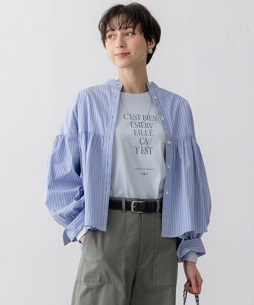 23区 L(ニジュウサンクオオキイサイズ)の「【洗える】CANCLINI ギャザー フレア ブラウス(シャツ/ブラウス・レディース・オレンジ系1/ホワイト系/スカイブルー系1/スカイブルー系/ホワイト系1・46/44/48)」の4枚目の写真