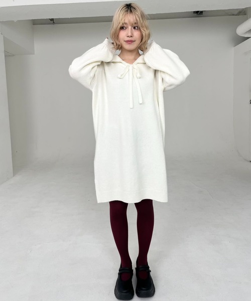 hugi(ハギ)の「SAILOR KNIT DRESS/セーラーニットワンピース(ワンピース・レディース・ホワイト/グレー・FREE)」の1枚目の写真
