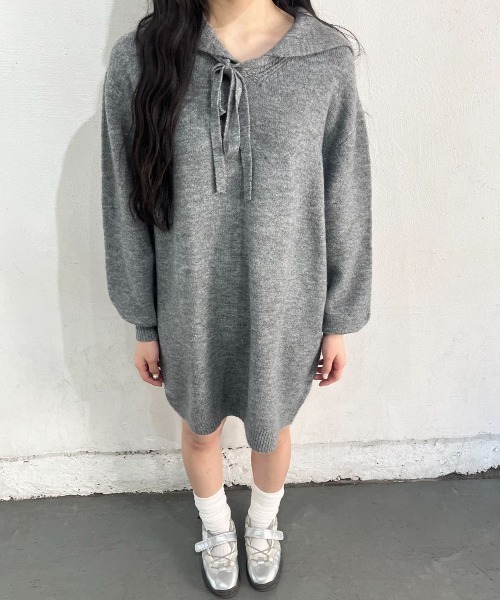 hugi(ハギ)の「SAILOR KNIT DRESS/セーラーニットワンピース(ワンピース・レディース・ホワイト/グレー・FREE)」の8枚目の写真