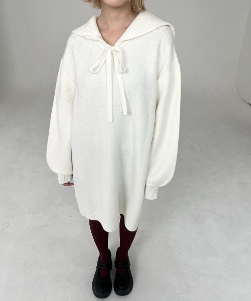 hugi(ハギ)の「SAILOR KNIT DRESS/セーラーニットワンピース(ワンピース・レディース・ホワイト/グレー・FREE)」の7枚目の写真