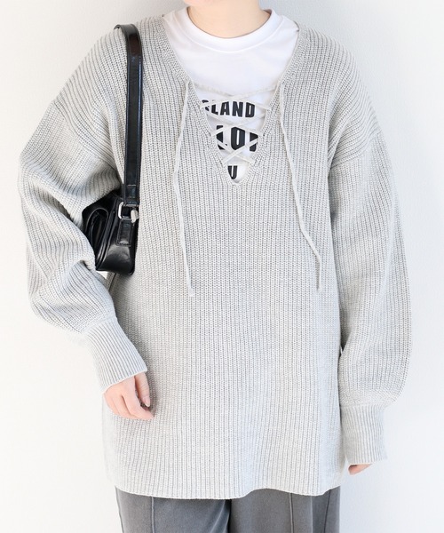 cepo（セポ）の「レースアッププルオーバー ロングニット（ニット/セーター・レディース・イエロー/オフホワイト/グレー・M）」の4枚目の写真