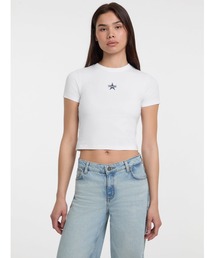 GUESS　ゲス　レディース　ティーシャツ　ショート丈 GUESS ゲス ロゴTシャツ 半袖 ブラック クロップド丈 トライアングル