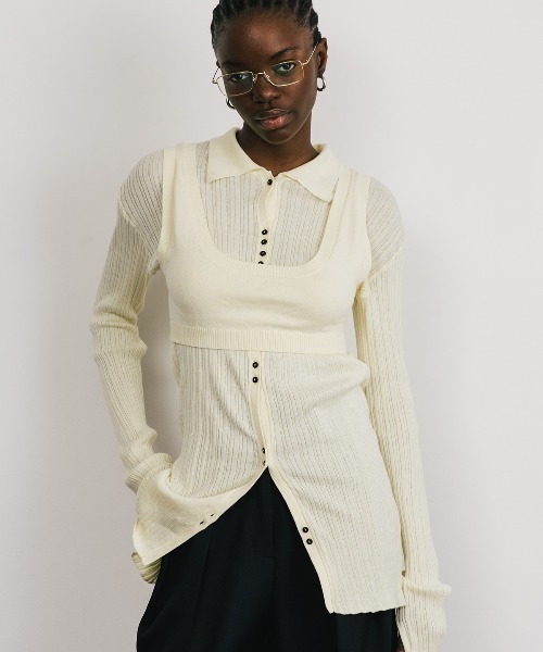 CREDONA（クレドナ）の「KNIT BUSTIER LONG  SHIRTS/ニットビスチェロングシャツ（ニット/セーター・レディース・ブラック/ベージュ/イエロー・FREE）」の3枚目の写真